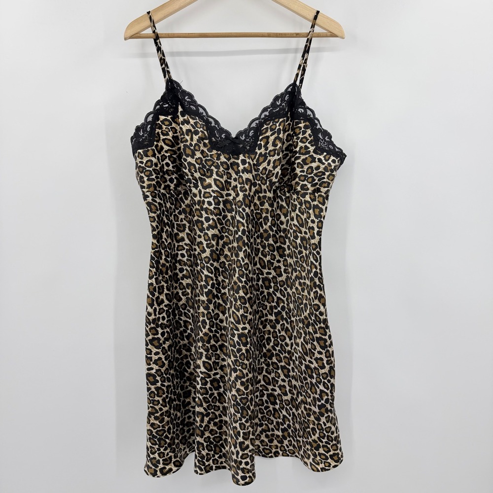Ambrielle Woman Leopard Print Lace Trim Satin Chemise Nightgown Plus Size